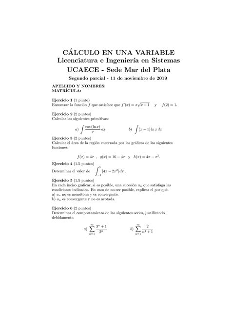2do Parcial 2019 Practica De Integrales Sucesiones Etc C ́alculo