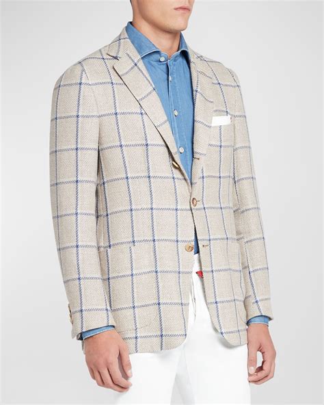 Kiton Windowpane Cashmere Linen Sport Coat Blue Editorialist