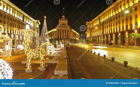 Night Views Of Downtown Sofia With Christmas Decorations Bulgaria