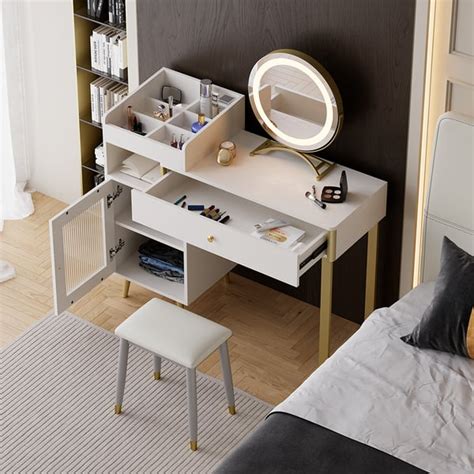 Modern White Retractable Makeup Vanity Set With Side Cabinet Dressing Table With Light Homary