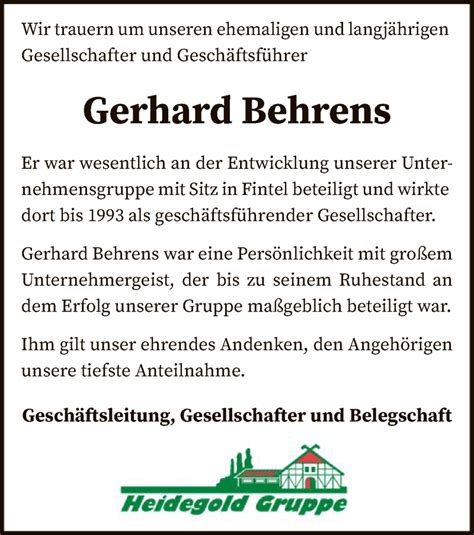 Traueranzeigen Von Gerhard Behrens Trauer Kreiszeitung De