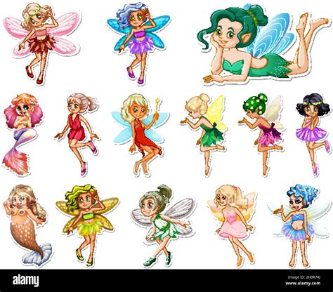 Set Of Stickers With Beautiful Fairies And Mermaid Cartoon Character