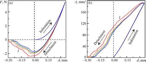 Normal Force F A And Contact Area A B Versus Indentation Depth D