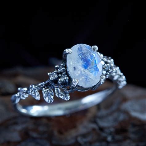 Moonstone Leaf Cluster Ring Oval Faceted Moonstone Nature Inspired