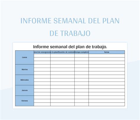 Plantilla De Formato Excel Informe Semanal Del Plan De Trabajo Y Hoja