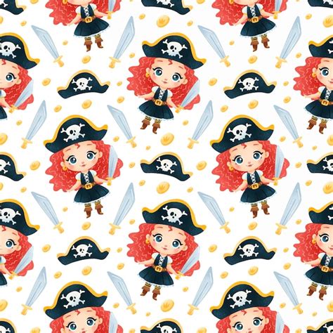 Premium Vector Cute Cartoon Pirates Girls Seamless Pattern