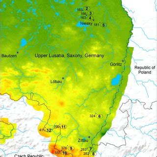 Geographic map of Upper Lusatia, showing the local positions of 12 ...