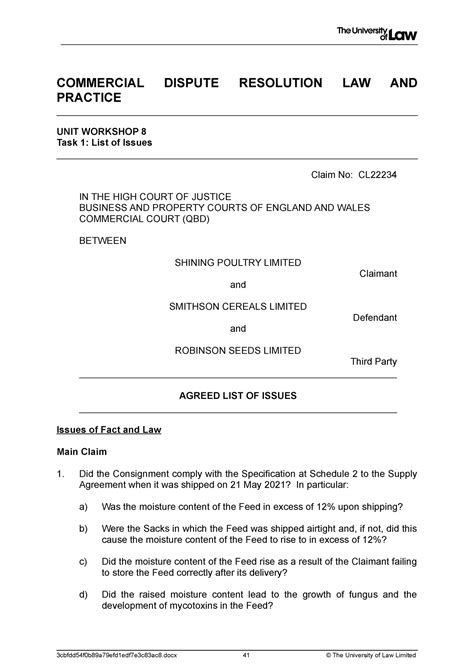 2122 Cdr Ws08 Ce02 Task01 List Of Issues Commercial Dispute