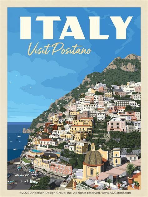 An Italian Poster With The Words Italy Visit Positanoo On It S Side