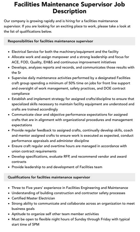 Facilities Maintenance Supervisor Job Description Velvet Jobs