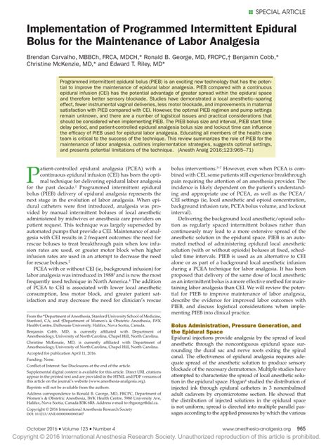 Pdf Implementation Of Programmed Intermittent Epidural Bolus For The