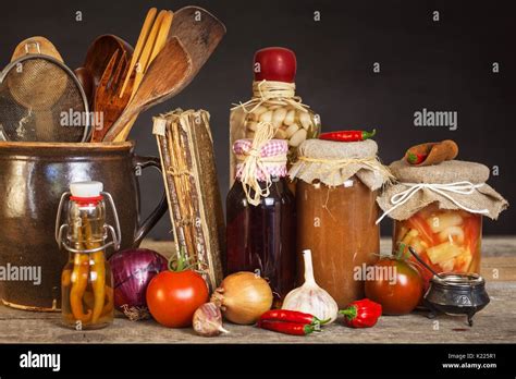 Kitchen Table And Cooking Ingredients Vegetables And Kitchen Tools