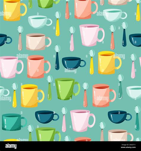 Porcelain Mugs And Spoons Seamless Print A Set Of Tea Cups Vector