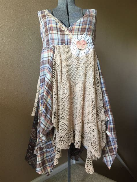 Xl Upcycled Linen And Lace Dress Plaid Boho Bohemian Etsy Upcycle