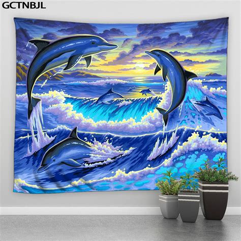 Dolphin Tapestry Wall Hanging Marine Life Fish And Coral In Underwater