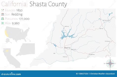 Map of Shasta County in California Stock Vector - Illustration of lakes ...