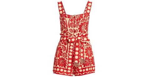 Farm Rio Palermo Belted Linen Blend Romper In Red Lyst