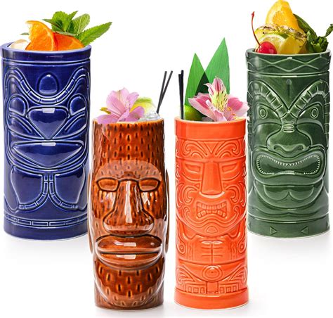 Tiki Mugs Set Of 4 Ceramic Tiki Glass Cocktail Cups Unique Cocktail Glasses Bar