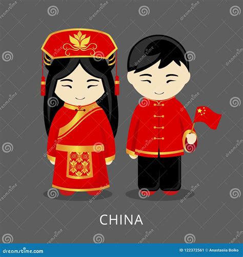 Chinese in National Dress with a Flag. Stock Vector - Illustration of family, cartoon: 122372561