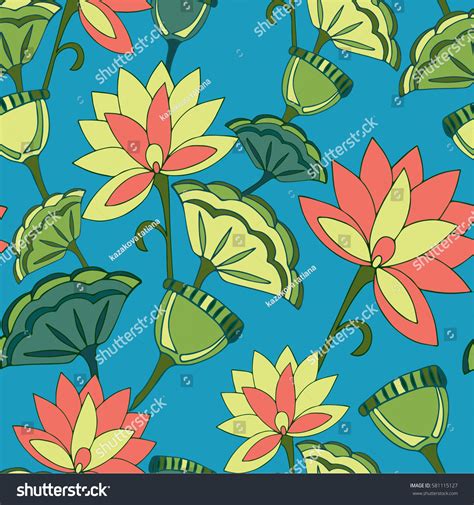 Beautiful Botanical Vector Seamless Pattern Lotus Stock Vector Royalty Free 581115127