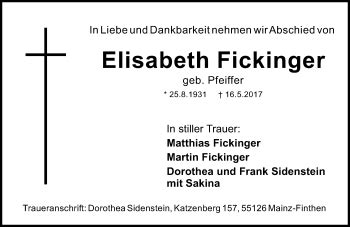 Traueranzeigen Von Elisabeth Fickinger Vrm Trauer De