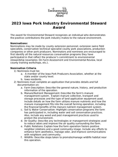 Environmental Steward Of The Pork Industry Nominations Doc Template