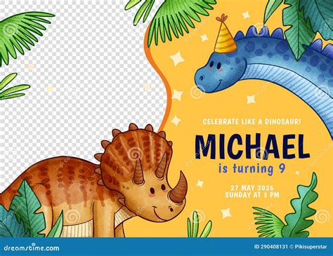 Hand Drawn Dinosaur Birthday Invitation Template Vector Design Stock