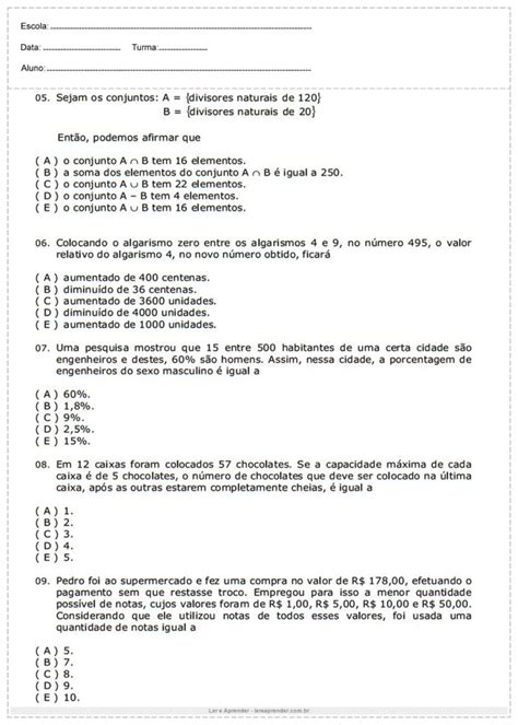 Atividades De Matemática Do 6º Ano Para Imprimir Ler E Aprender