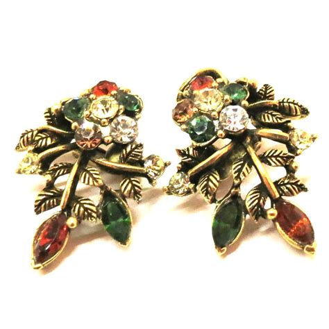 Rhinestone Earrings Vintage Gold Tone Multi Colored Etsy Costume Jewelry Earrings