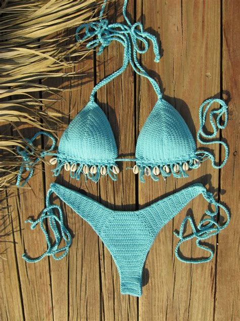 Crochet Bikini Sky Blue With Cowrie Sea By Goodmoodcreations