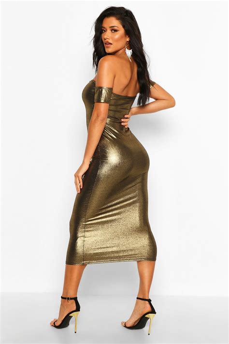 Metallic Off Shoulder Midi Dress Sexy Satin Dress Sexy Dresses