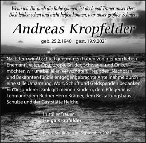 Traueranzeigen Von Andreas Kropfelder Trauer Anzeigen De