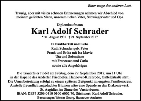 Traueranzeigen Von Karl Adolf Schrader Trauer Anzeigen De