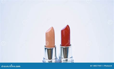 Compare Makeup Products Lip Care Concept Lipsticks On White