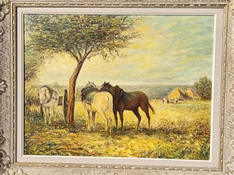 Antique Signed Landscape Animated Horses Painting Oil Painting On