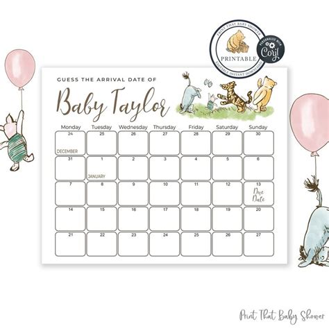 A Baby Shower Calendar With Winnie The Pooh And Friends On It