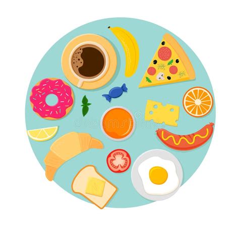 Plano De Los Iconos Del Desayuno Fijado Con Tiempo Del Café Ilustración