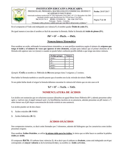 Nomenclatura De Xidos Cidos Y Bases Qu Mica Inorg Nica Pdf