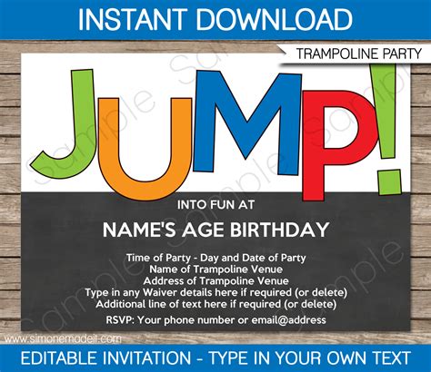 Trampoline Party Invitations Template | Printable Jump Birthday Invite