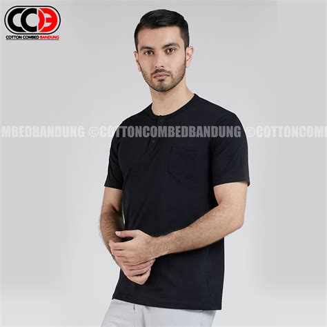 Jual Kaos Polos Lengan Pendek Henley Black Solid Cotton Combed