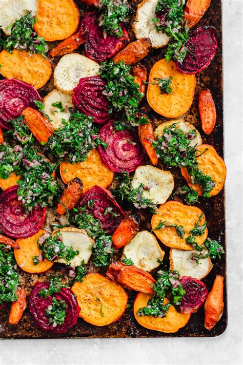 Roasted Root Vegetables With Carrot Top Chimichurri Emilie Eats