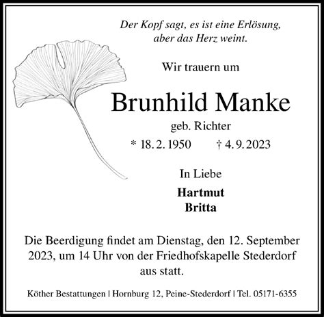 Traueranzeigen Von Brunhild Manke Trauer Anzeigen De