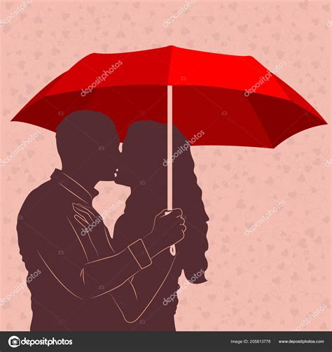 Kissing Couple Under Umbrella Silhouette Stock Vector