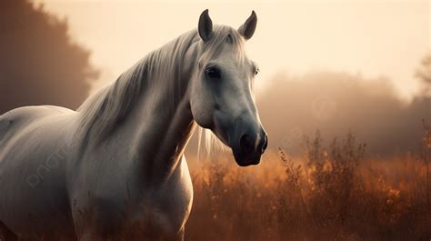 White Horse Standing In A Field At Sunrise Background Horse Background