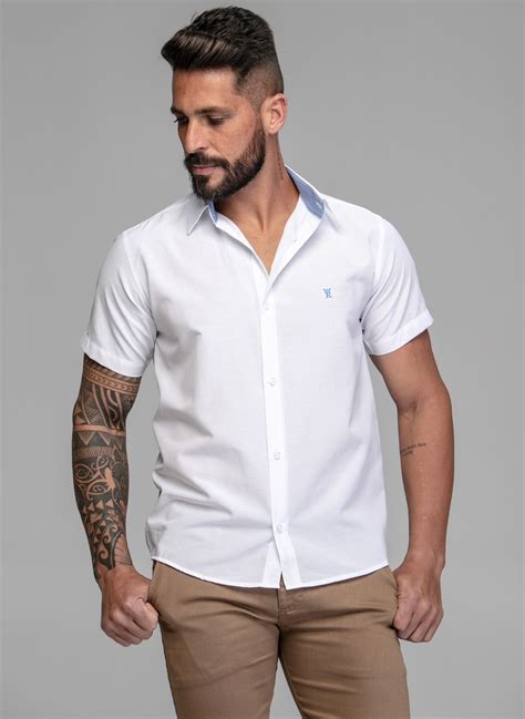 CAMISA MASCULINA SOCIAL SLIM FIT MANGA CURTA ALFAJOR BRANCA Elegance