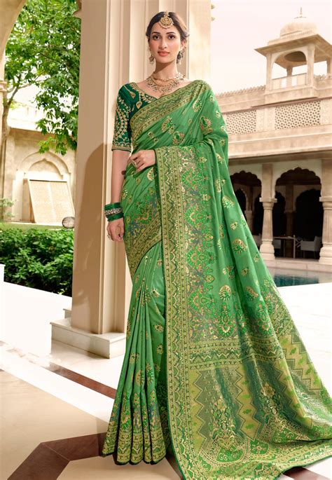 Silk Saree With Blouse In Light Green Colour 13405