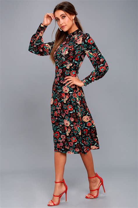 Cute Black Floral Print Dress Black Dress Midi Dress