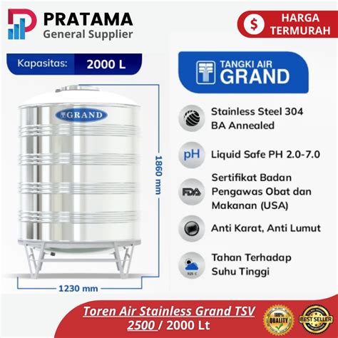 Jual Tangki Toren Air Stainless Grand TSV 2500 Tandon Air Garansi