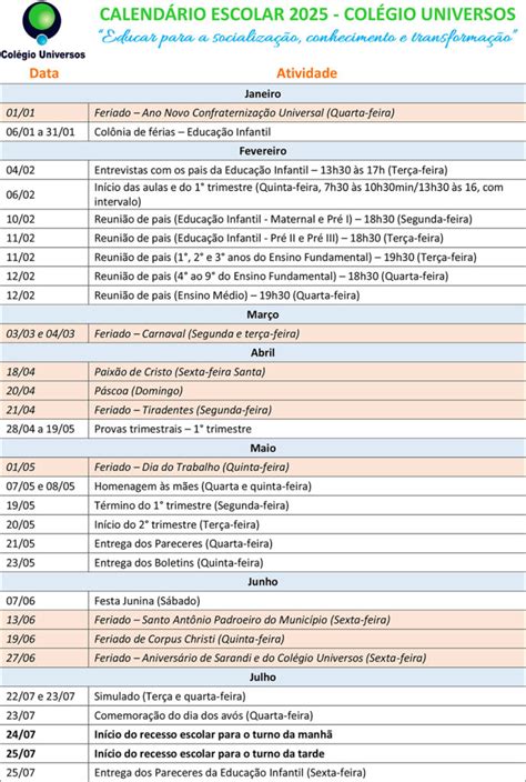 Calendário Escolar 2025 Colégio Universos Escola Particular Sarandi Rs