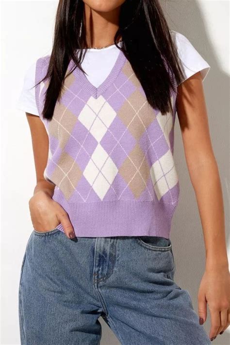 Winter Fall Vintage Sweater Vest Top Knit Argyle Sweaters For Women